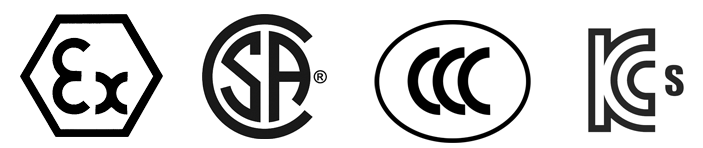 An image of the certification logos for EX (Europe), CSA (Canada), CCC (China), and KCCS (Korea), indicating that Magnetic Sensors Corp's ATEX units have been tested and certified for safety and compliance with international standards by these regulatory bodies in their respective regions.